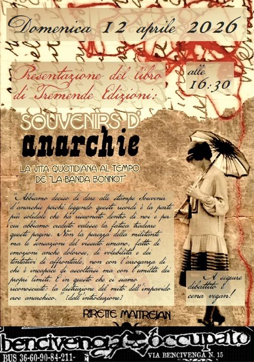 Presentazione del libro "Souvenirs d'Anarchie. La vita quotidiana ai tempi della Banda Bonnot", di Rirette Maîtrejean